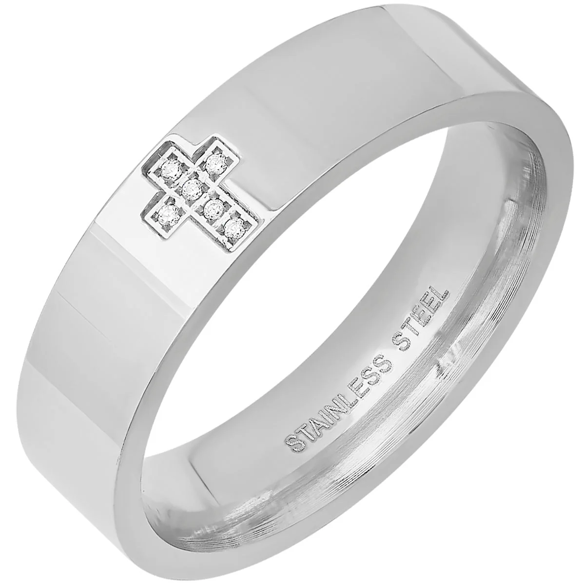 18K Gold Plated Stainless Steel And Simulated Diamonds Cross Band Ring - Image 2