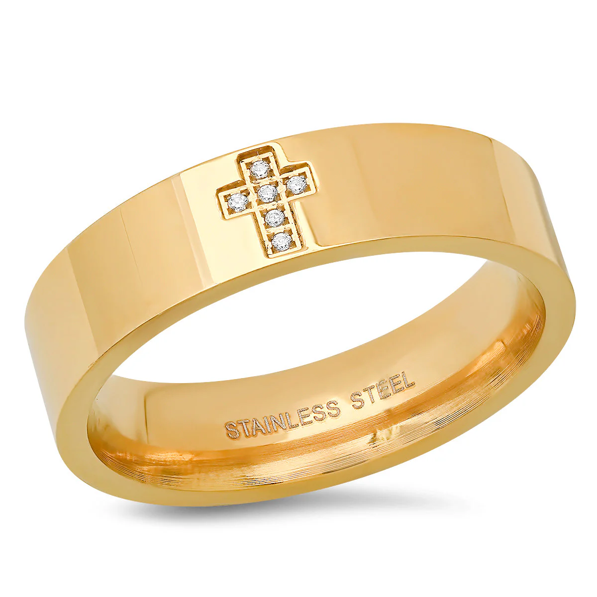 18K Gold Plated Stainless Steel And Simulated Diamonds Cross Band Ring - Image 4