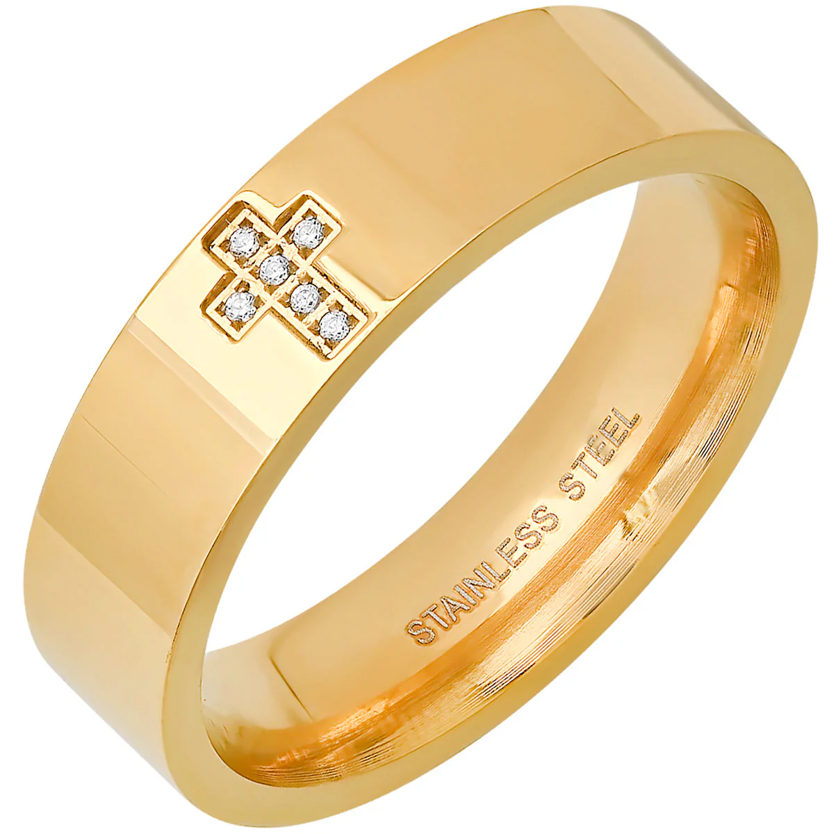 18K Gold Plated Stainless Steel And Simulated Diamonds Cross Band Ring - Image 5