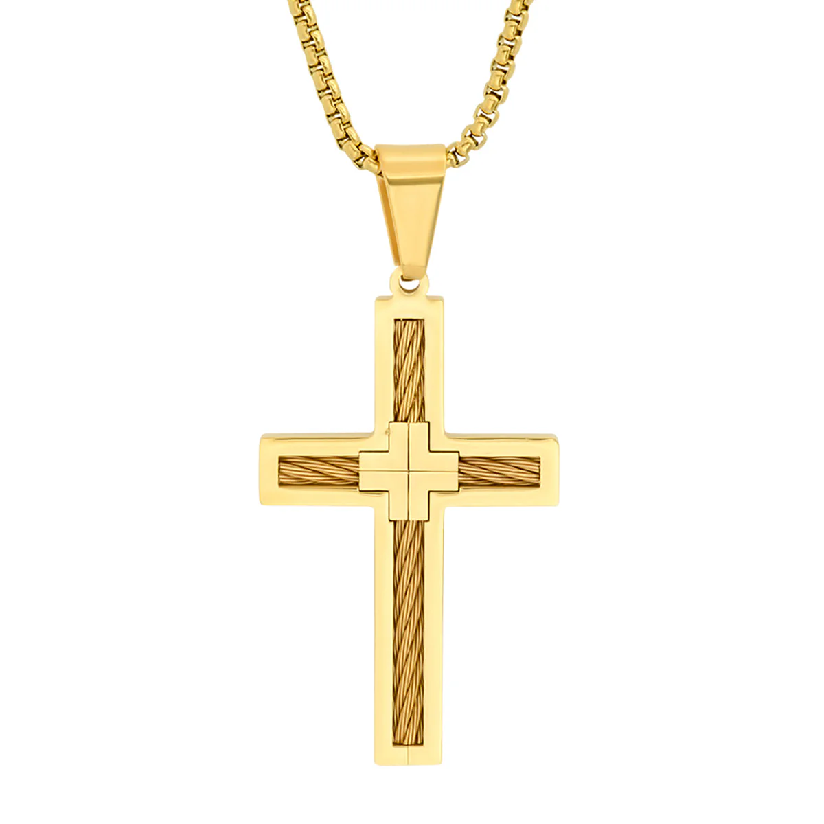 18K Gold Plated Stainless Steel Inlay Wire Cable Cross Pendant - Image 2