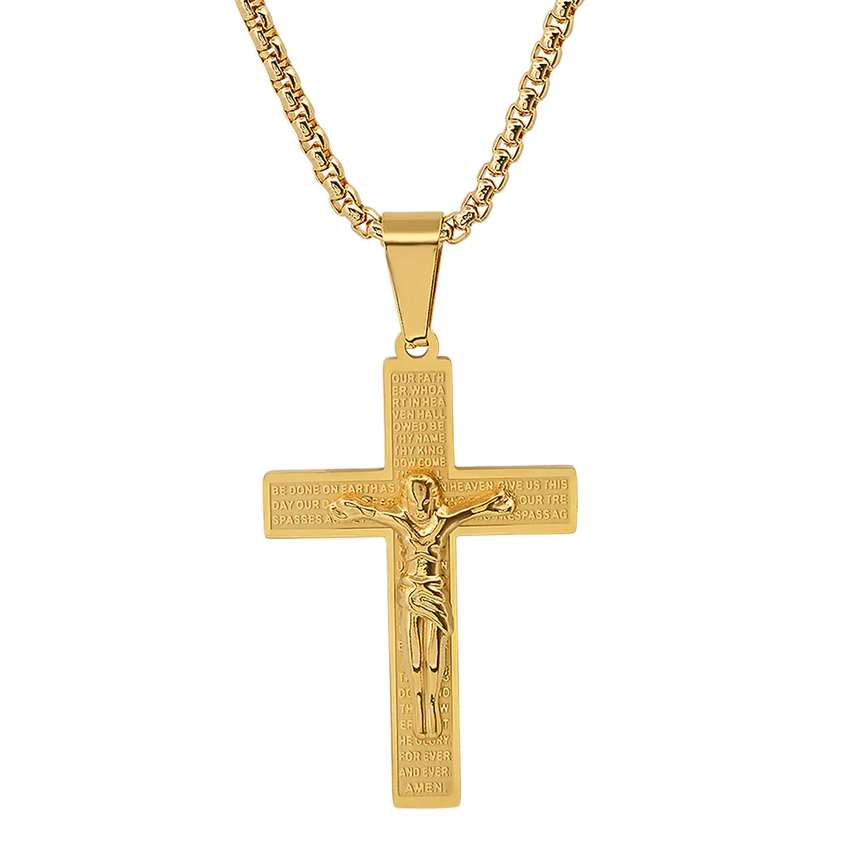 18K Gold Plated Stainless Steel Our Father Prayer Cross Pendant - Image 2