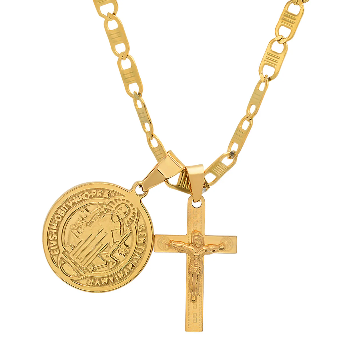 18K Gold Plated Stainless Steel St. Benedict And Cross Pendant - Image 2