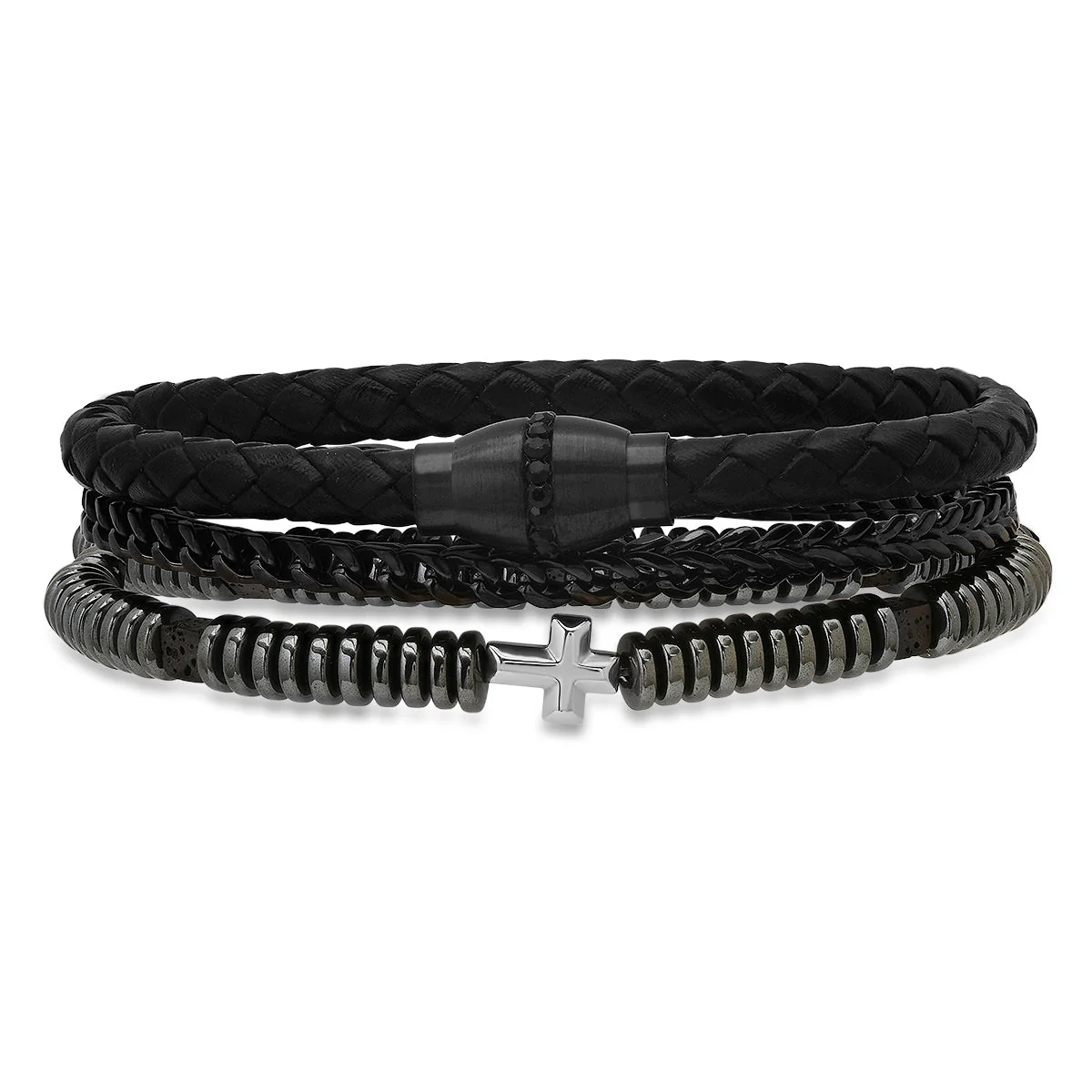 Black Braided Leather, Black Ip Stainless Steel, Simulated Black Diamonds, Hematite And Black Lava Beads 3Pc Bracelets Set