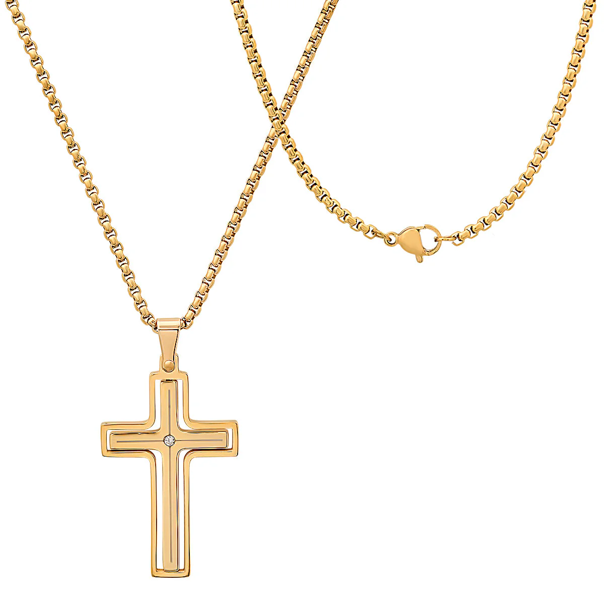Black Ip Stainless Steel And Simulated Diamond Spinning Cross Pendant - Image 5