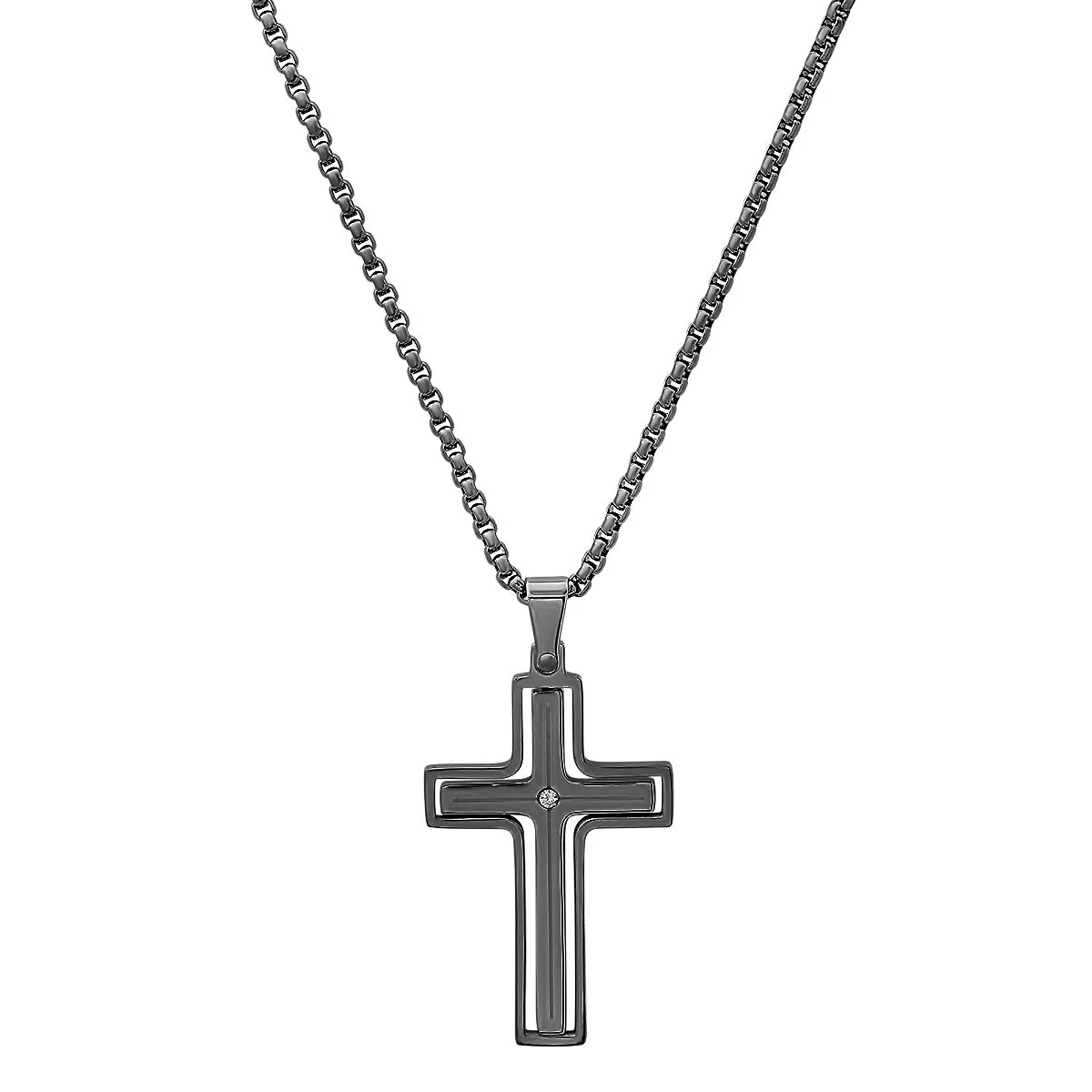 Black Ip Stainless Steel And Simulated Diamond Spinning Cross Pendant - Image 7