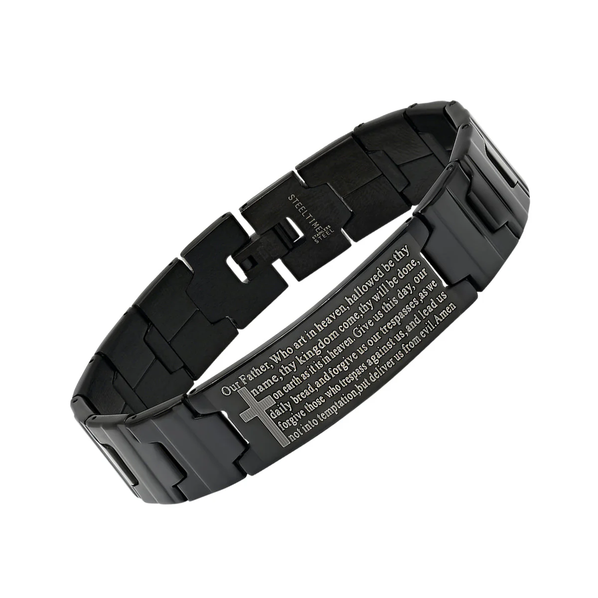 Black Ip Stainless Steel Our Father Prayer Watch Link Bracelet - Image 2