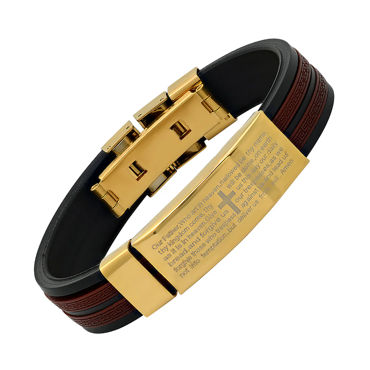 Black & Wine Rubber And 18K Gold Plated Stainless Steel Our Father English Prayer Id Bracelet With Greek Key Accents - Image 2