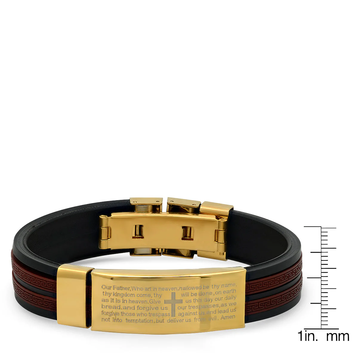 Black & Wine Rubber And 18K Gold Plated Stainless Steel Our Father English Prayer Id Bracelet With Greek Key Accents - Image 3