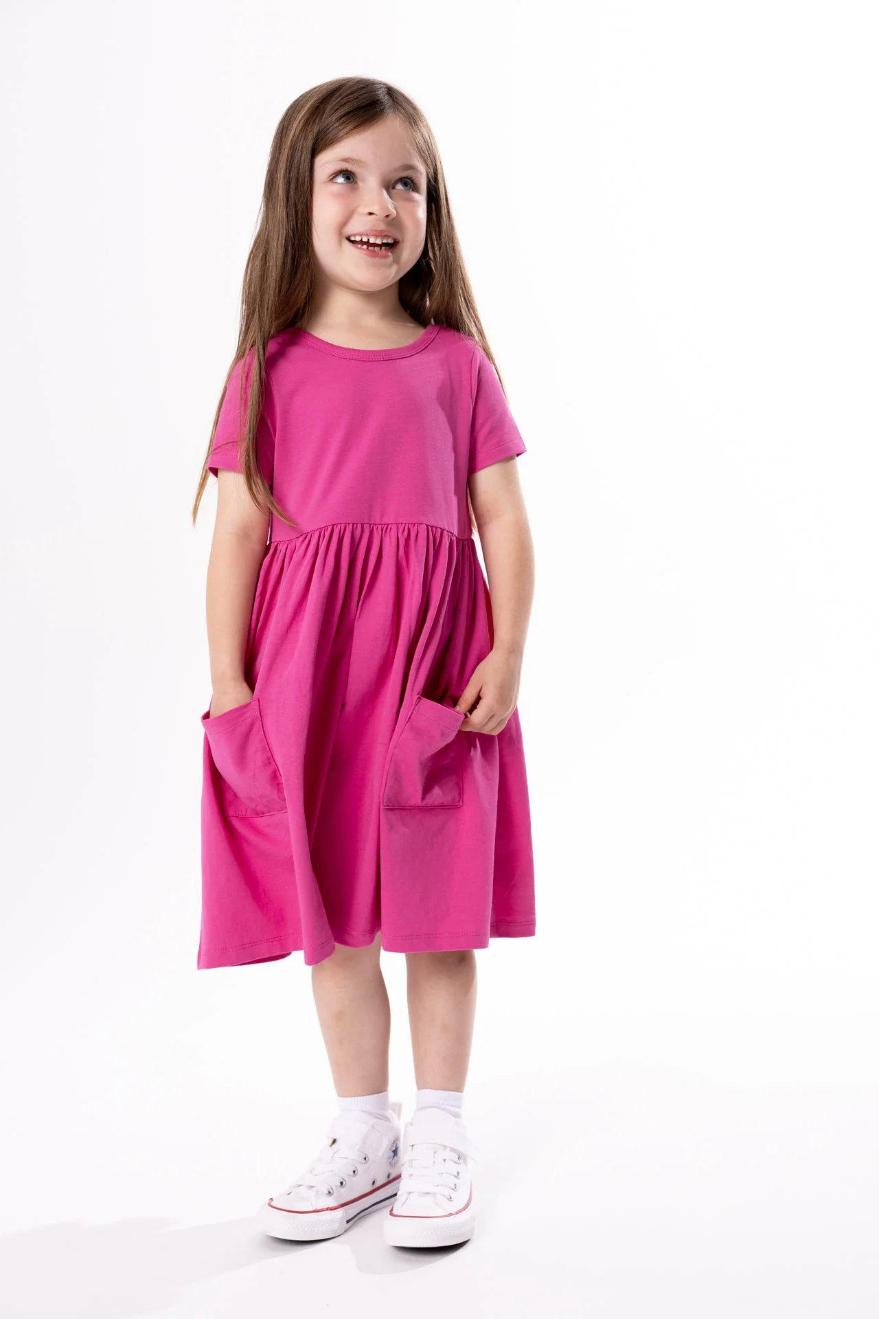Fuchsia Prayer Pocket Short Sleeve Twirl Dress Cotton - Image 2