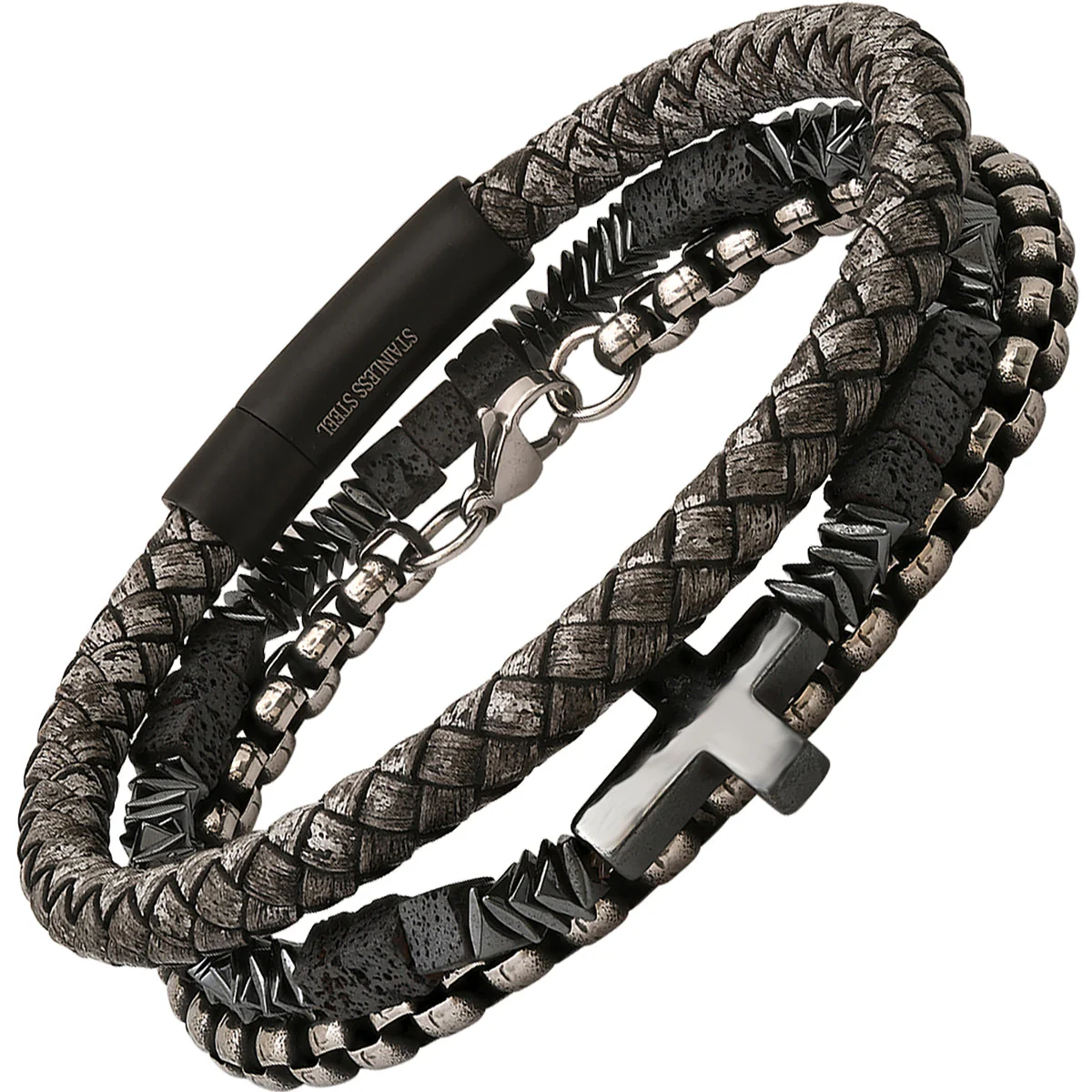 Gray Braided Leather/Black Ip Stainless Steel, Stainless Steel Round Link And Hematite/Lava Beaded 3Pc Bracelet Set - Image 2