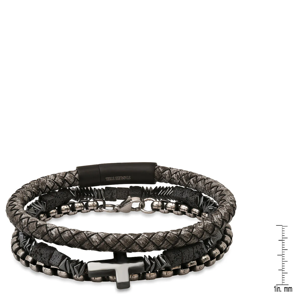 Gray Braided Leather/Black Ip Stainless Steel, Stainless Steel Round Link And Hematite/Lava Beaded 3Pc Bracelet Set - Image 3