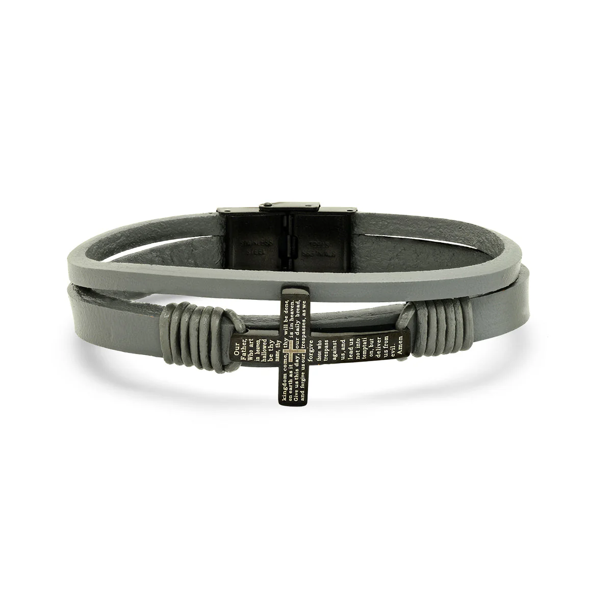 Gray Leather And Black Ip Stainless Steel Cross With Our Father Prayer Bracelet