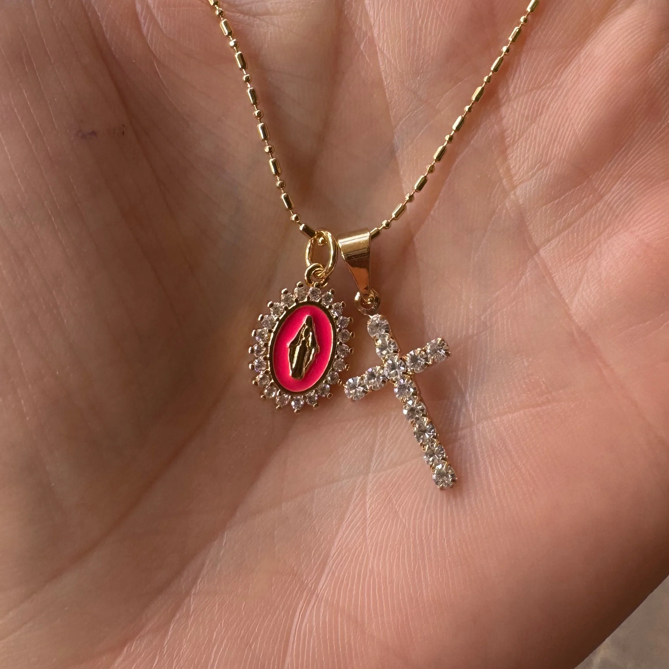 Hot Pink Lady Lourdes multi-charm Necklace - Image 3