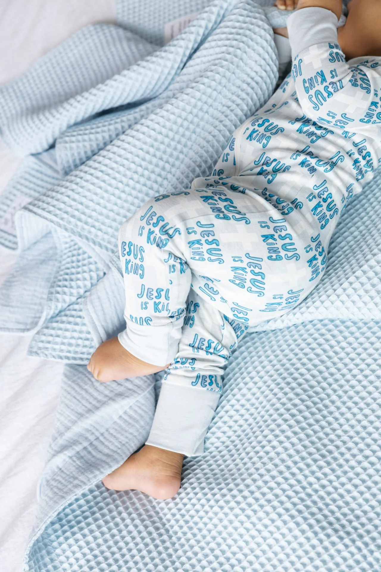 Jesus Is King Blue PJ Footless Onesie Bamboo - Image 2