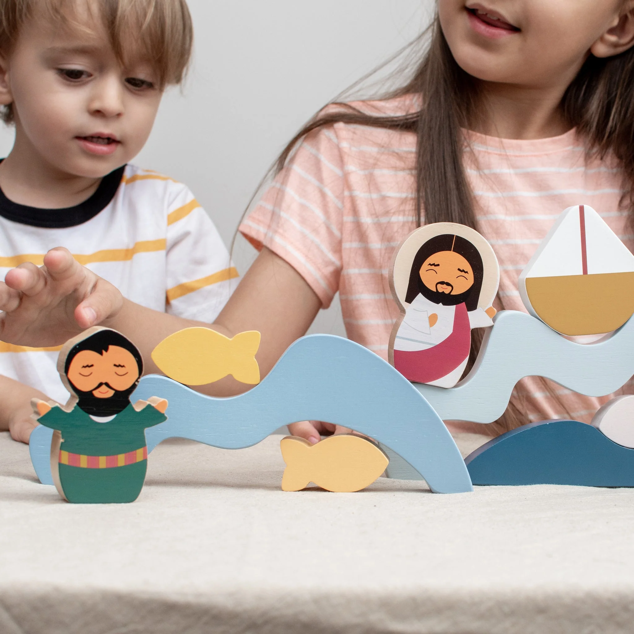 Jesus & St. Peter Walk on Water Wooden Wave Stacker Toy - Image 3