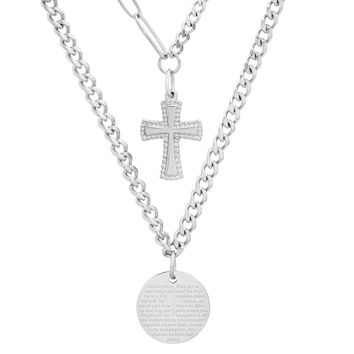 Layered Pendants With "Our Father" Prayer And Cross Charms - Image 2