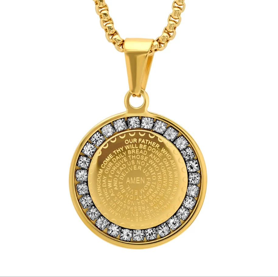 Our Father Prayer Round Pendant With Simulated Diamonds - Image 3