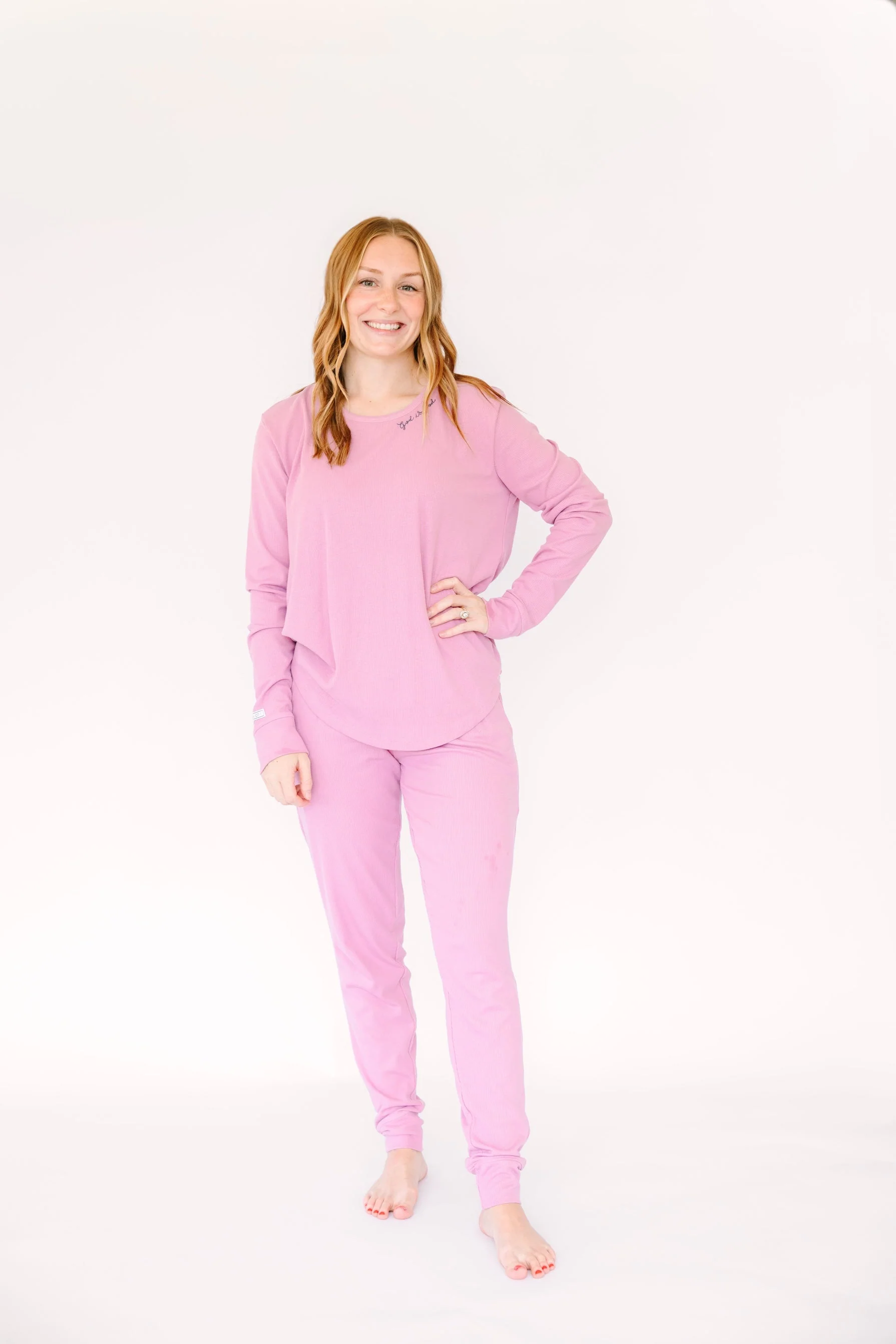 Solid Mauve Womens PJ Jogger Set Ribbed Cotton-Bamboo Blend - Image 6