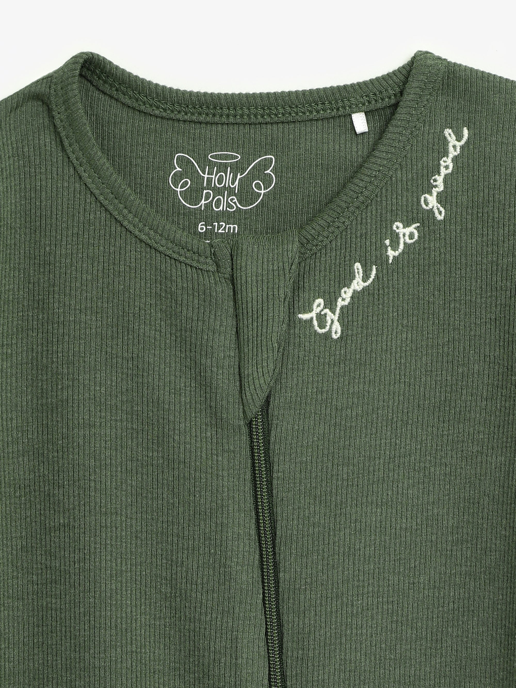 Solid Olive PJ Footed Onesie Ribbed Cotton-Bamboo Blend - Image 2