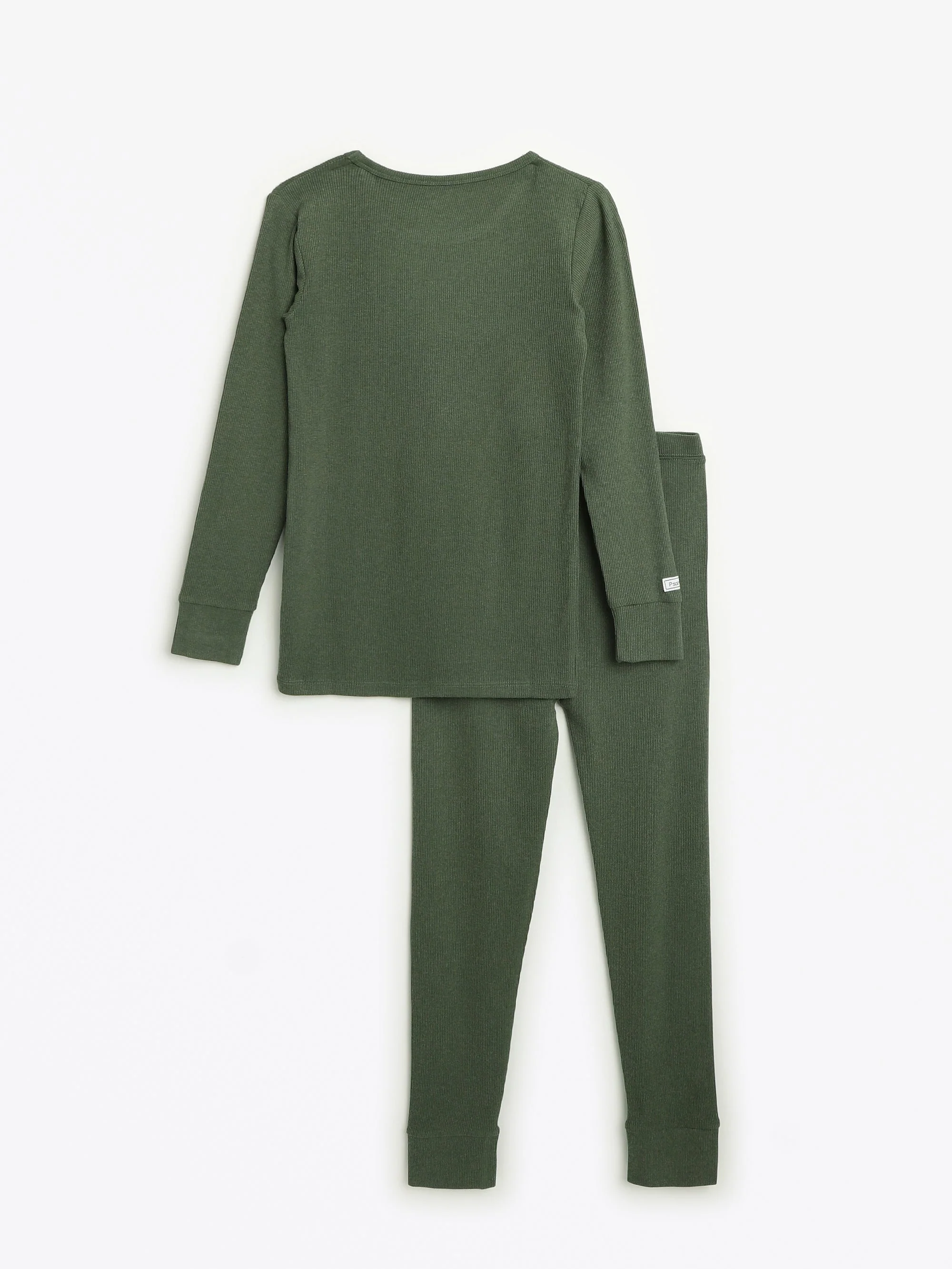 Solid Olive PJ Long Sleeve Set Ribbed Cotton-Bamboo Blend - Image 3