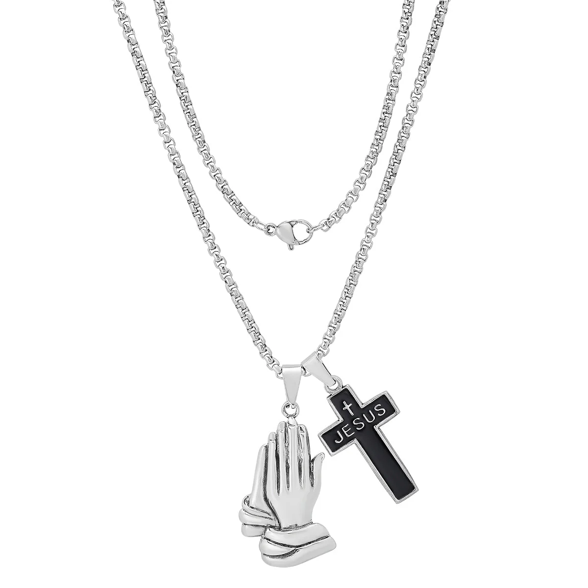 Stainless Steel And Black Enamel Cross ("Jesus") And Prayer Hands Pendants - Image 2