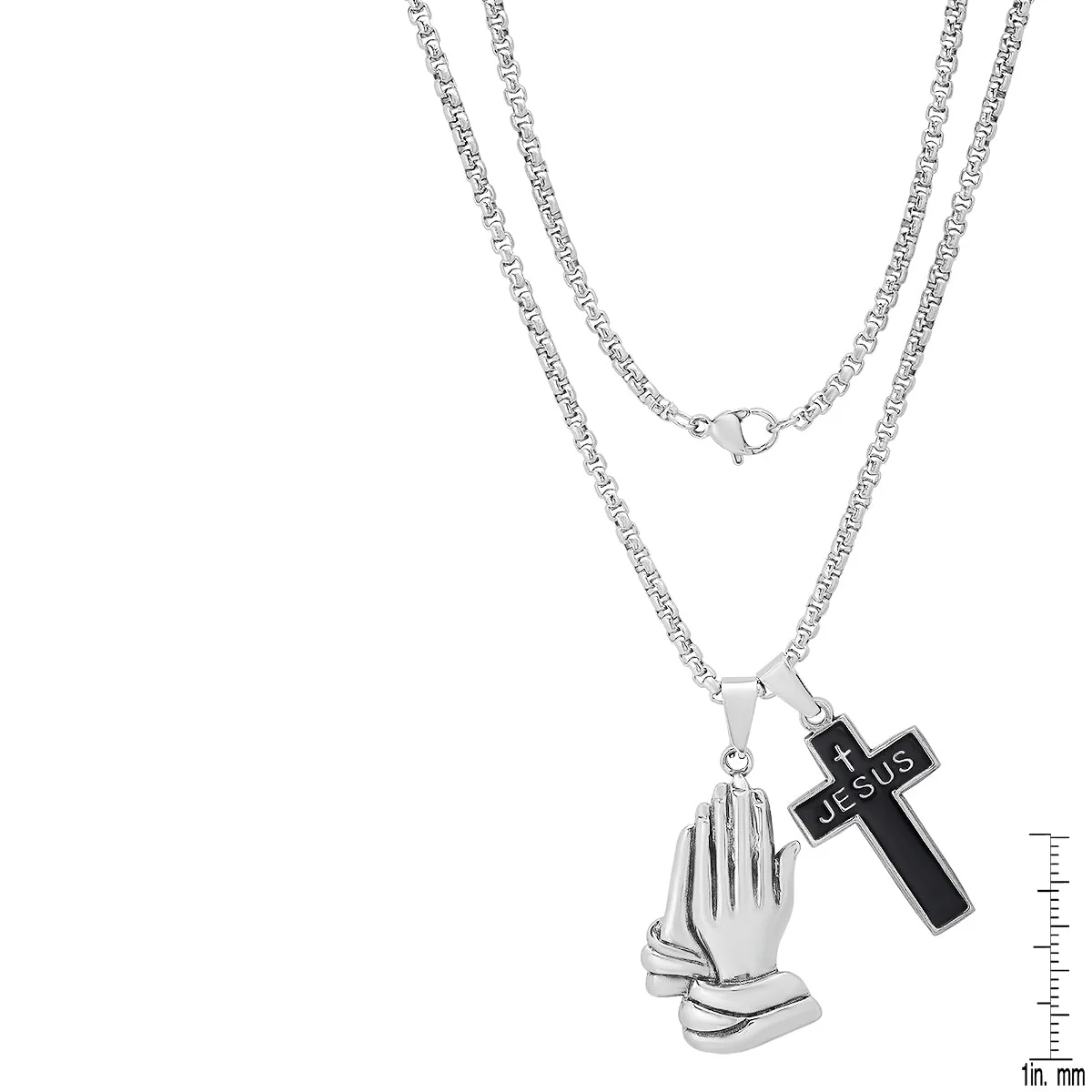 Stainless Steel And Black Enamel Cross ("Jesus") And Prayer Hands Pendants - Image 3