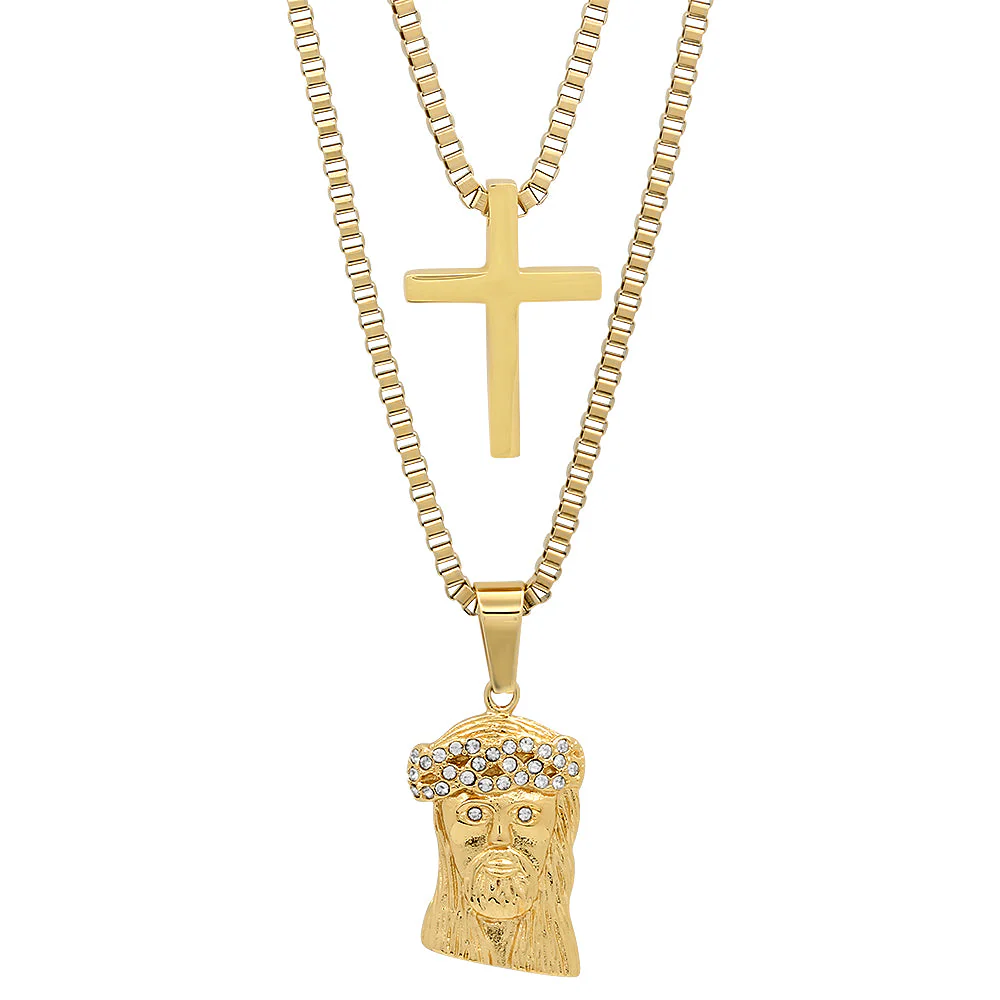 Stainless Steel Double Layered Cross And Jesus With Simulated Diamonds Necklace - Image 2