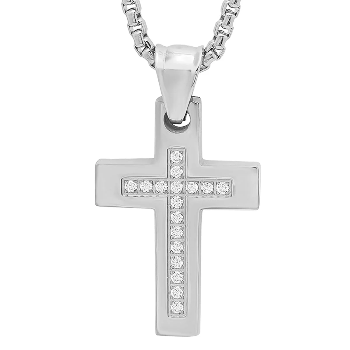 Stainless Steel Simulated Diamond Cross Pendant - Image 2