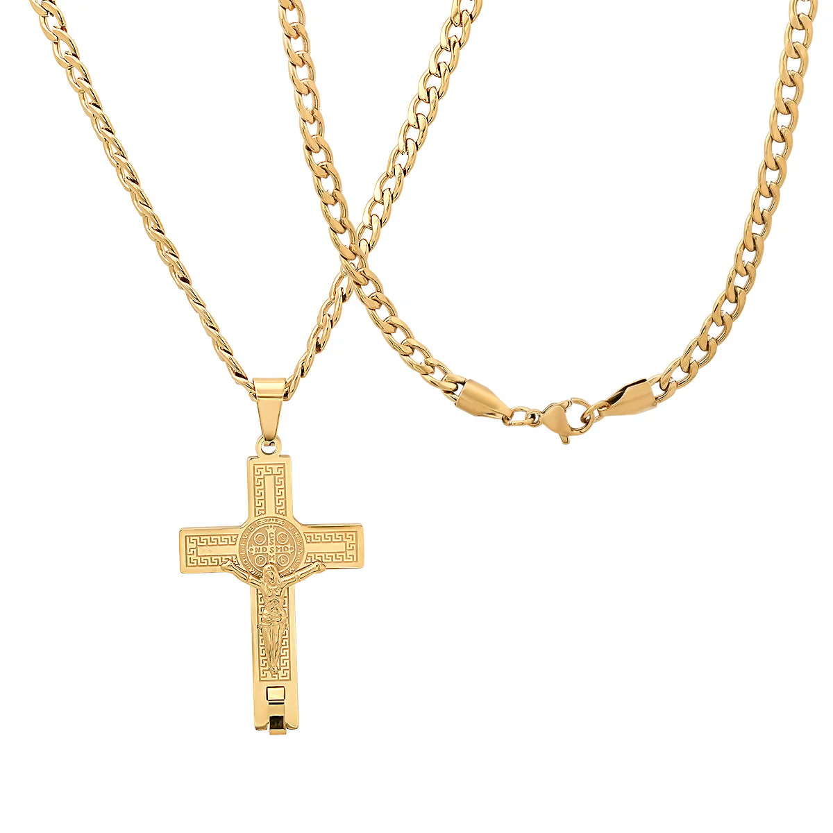 Stainless Steel St. Benedict Crucifix Pendant With Greek Key Accents - Image 5