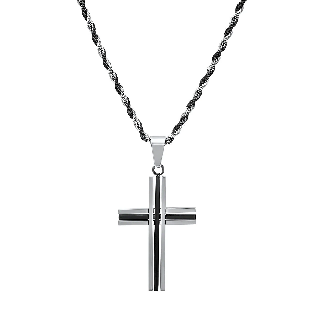 Two Tone Black Ip And Stainless Steel Cross Pendant