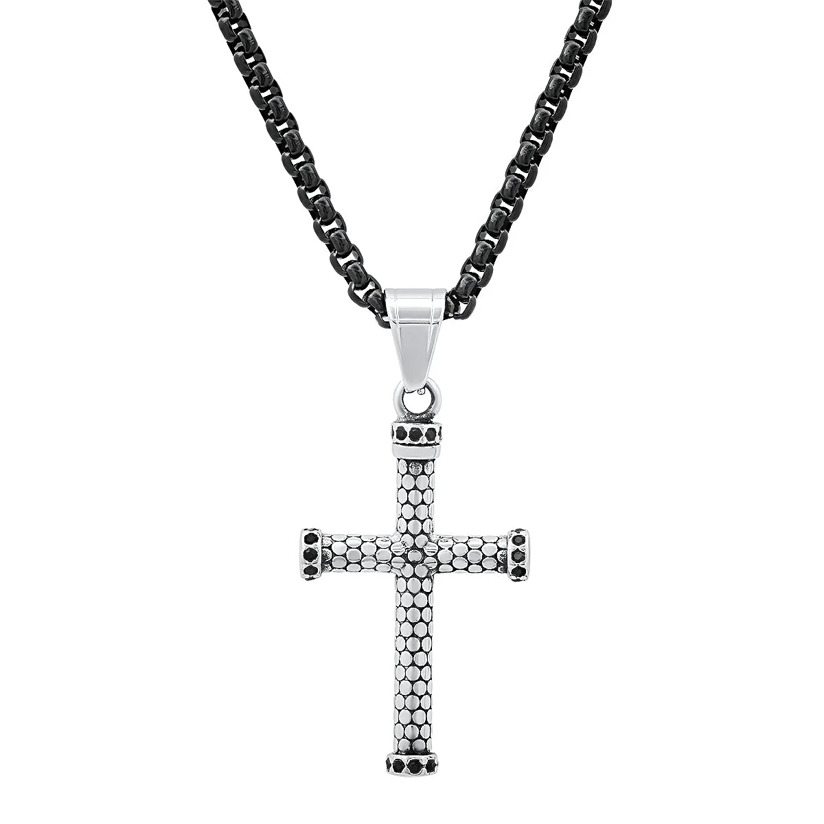 Two Tone Black Ip And Stainless Steel Cross Pendant With Simulated Black Diamonds - Image 2