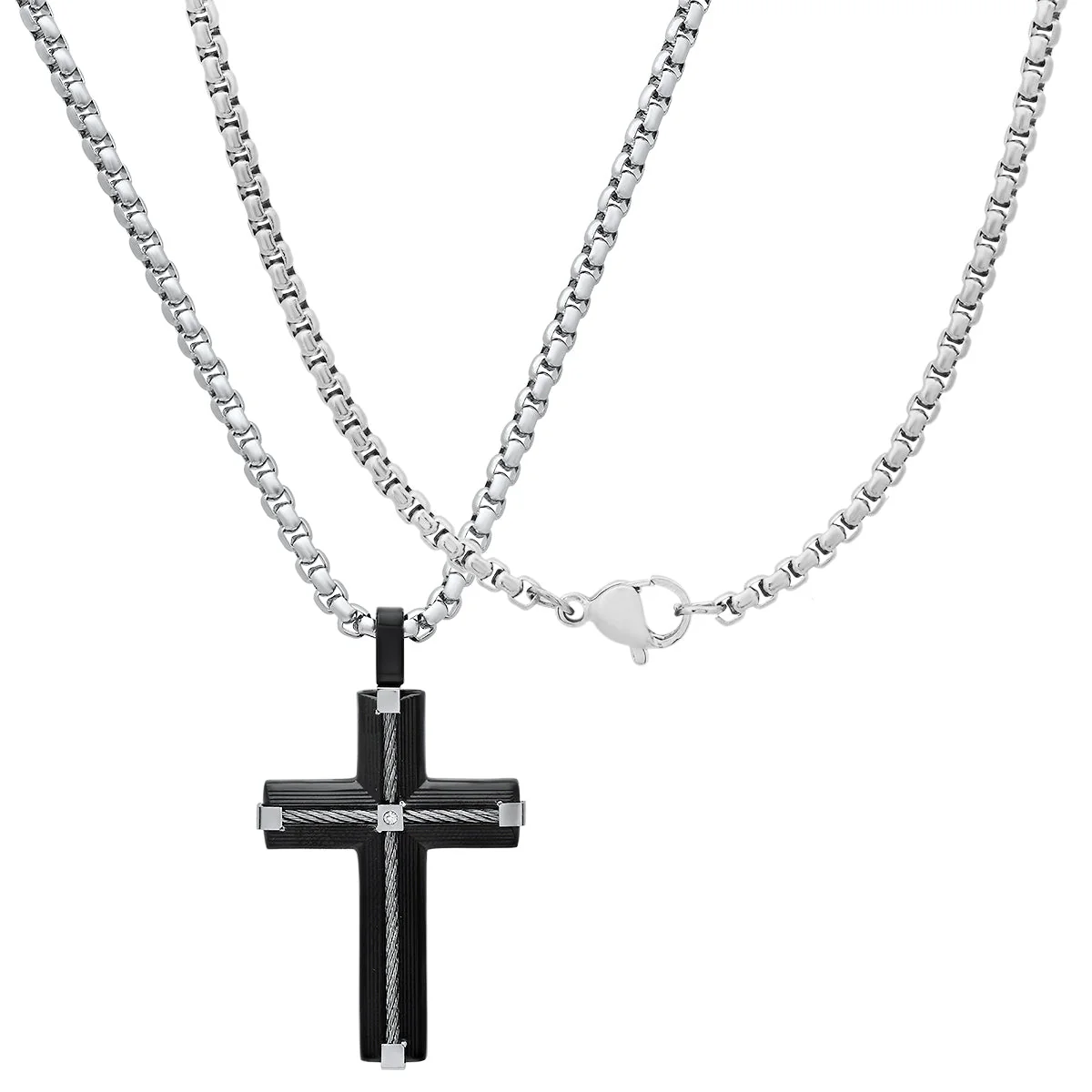 Two Tone Black Ip & Stainless Steel Inlay Wire Cable Cross With Simulated Diamonds Accent Pendant - Image 2