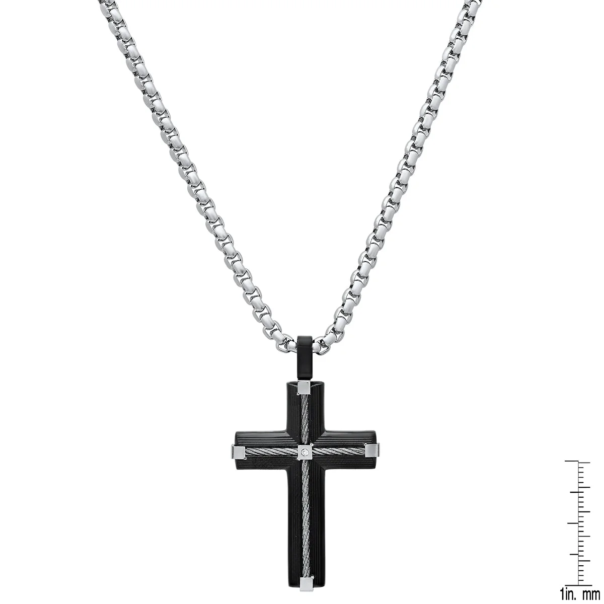 Two Tone Black Ip & Stainless Steel Inlay Wire Cable Cross With Simulated Diamonds Accent Pendant - Image 3