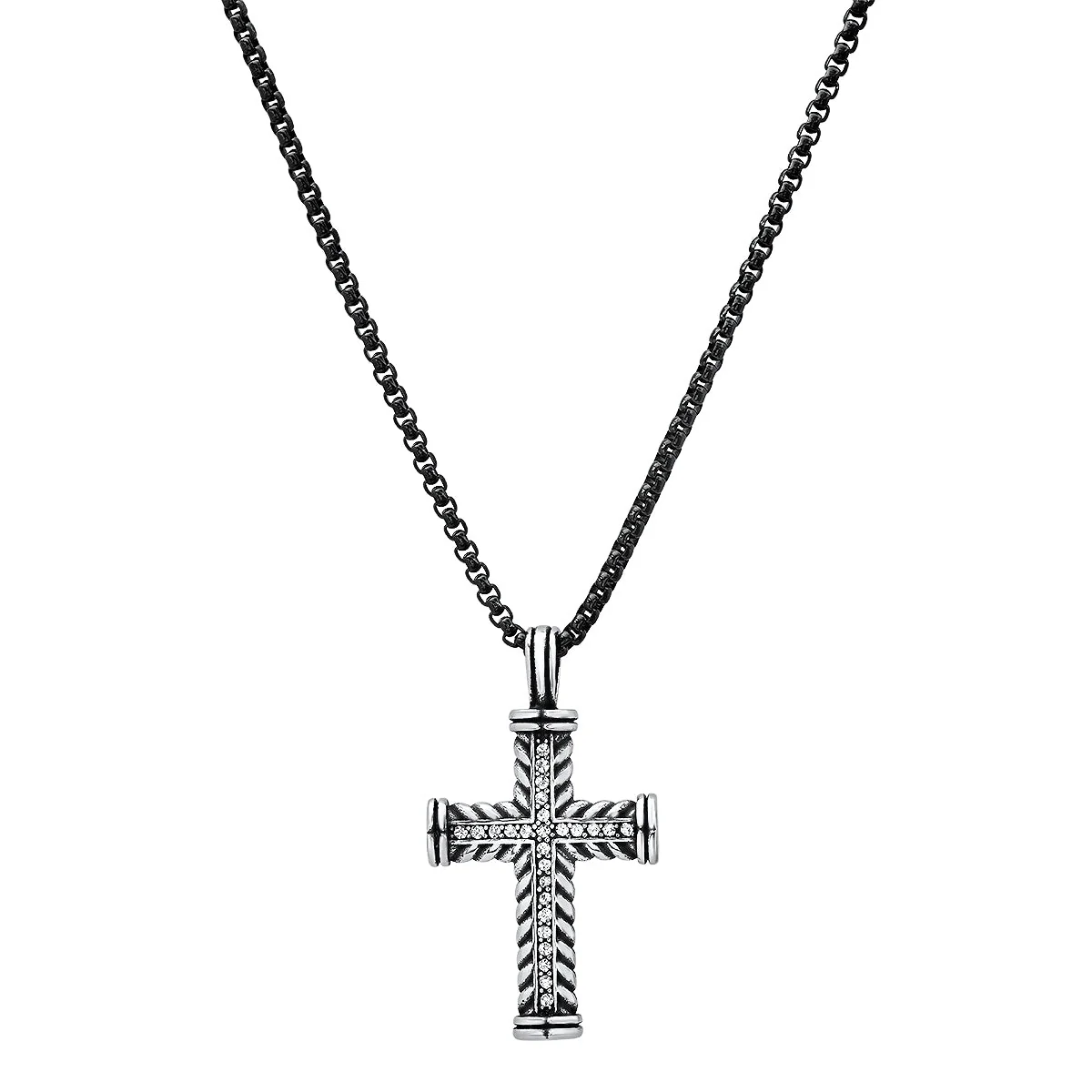 Two Tone Stainless Steel Braided Cross Pendant With Simulated Diamonds