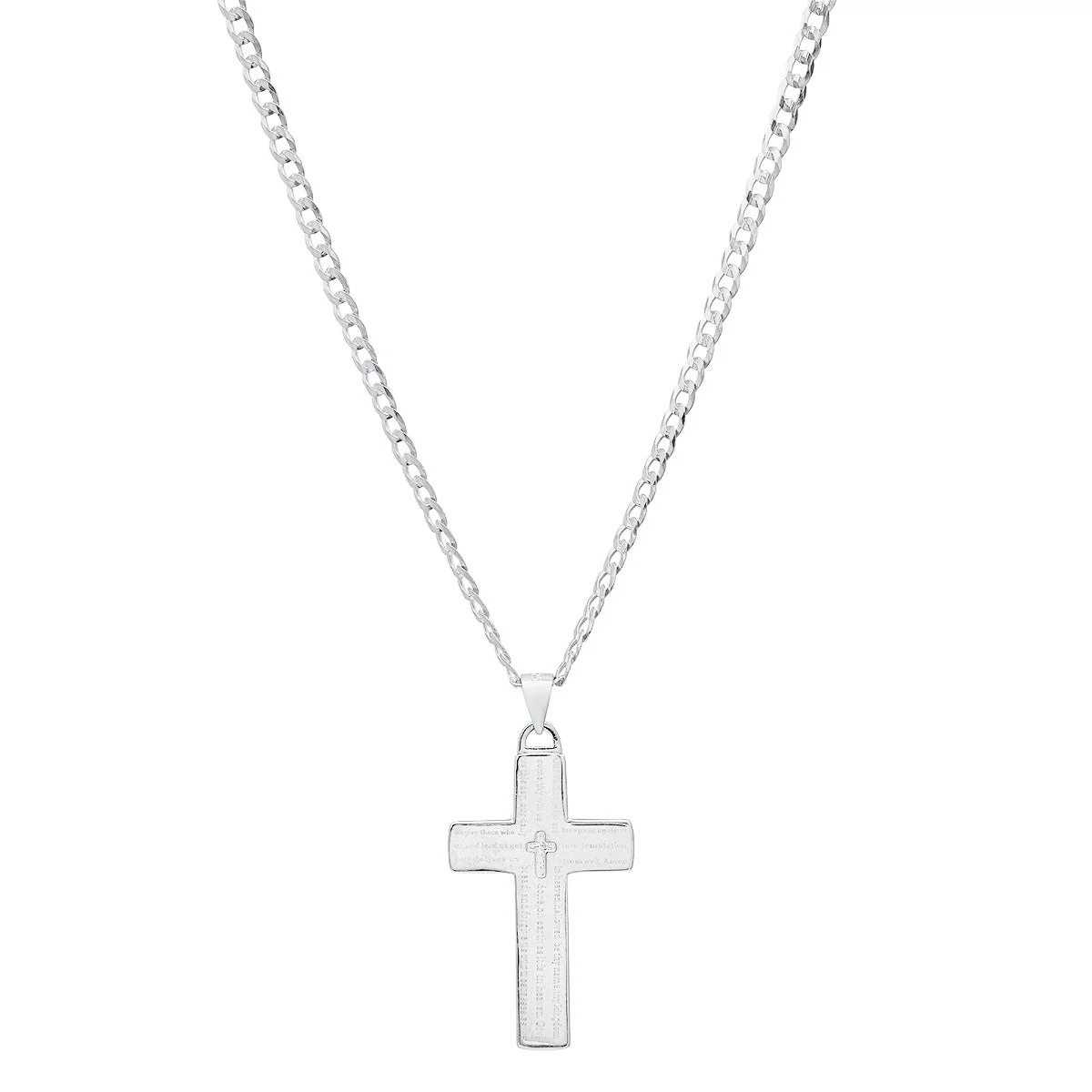Unisex Sterling Silver Cuban Super Flat Chain And Lord'S Prayer Cross Pendant