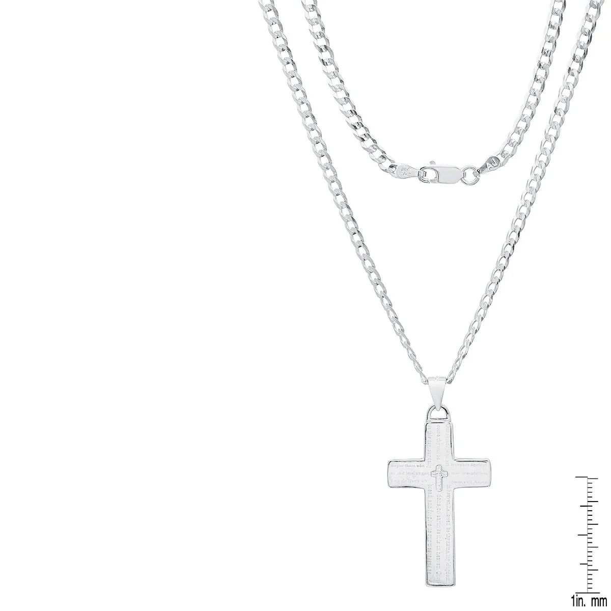 Unisex Sterling Silver Cuban Super Flat Chain And Lord'S Prayer Cross Pendant - Image 3