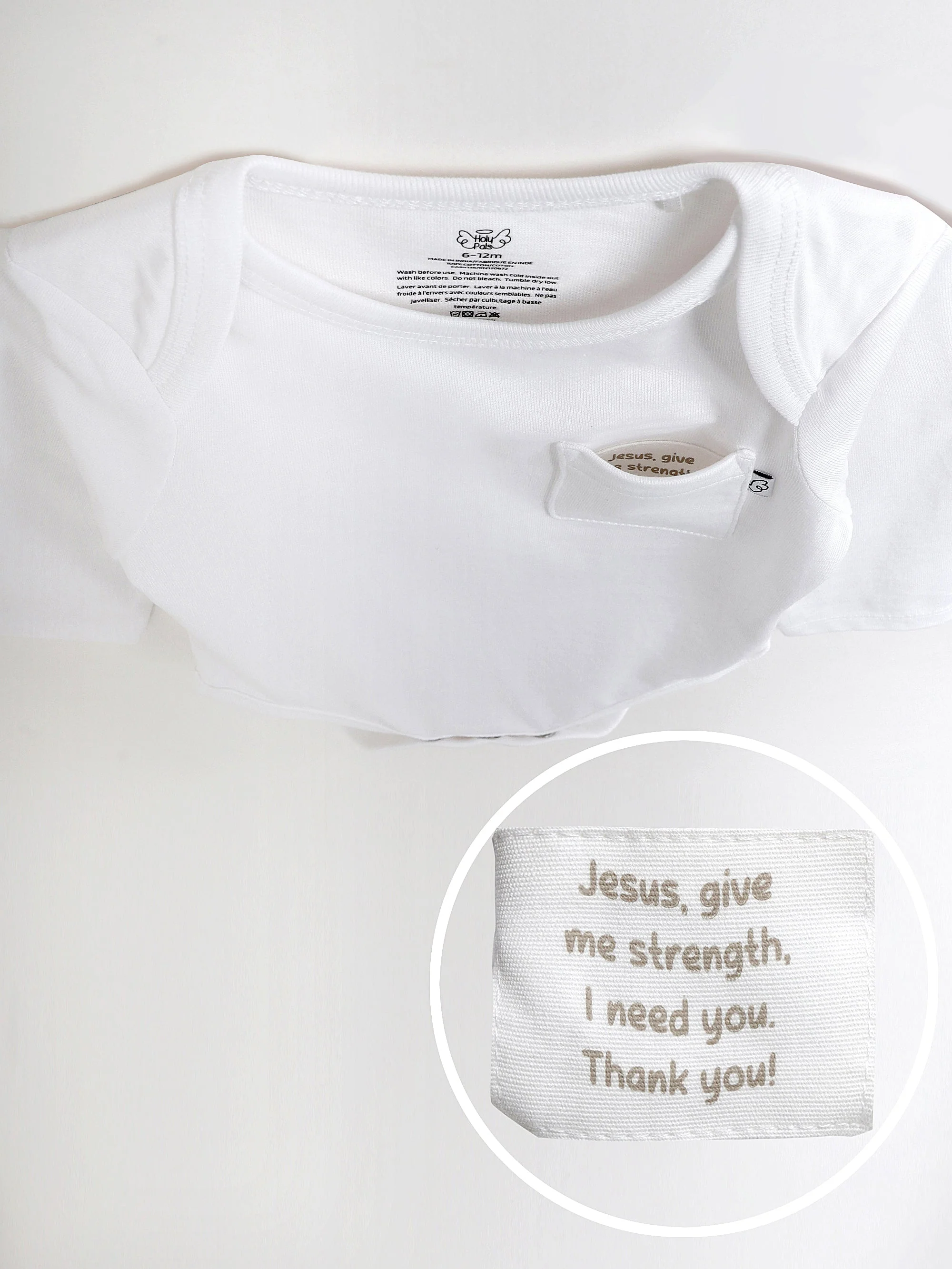 White Prayer Pocket Long Sleeve Bodysuit Cotton - Image 3